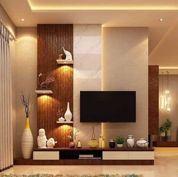 Modern TV Wall with Wood & Marble Panel — Mahadev Furniture Vadodara